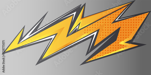 Dynamic yellow and orange lightning bolt cartoon graphic with bold outlines and halftone comic dots, for stickers, decals, sports designs, energetic branding, street art styles, and vibrant vector.