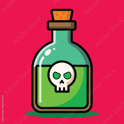 Green bottle with skull label and cork stopper green liquid