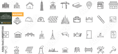 Construction and building icons set for architecture designs, engineering plans, and real estate ventures, a complete collection of elements