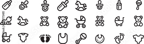 Essential baby care and newborn accessories black silhouette icons set for parenting, childhood, and nursery product design concepts.
