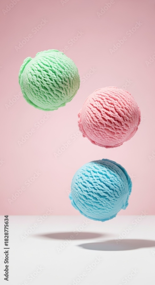 Fototapeta premium Three Colorful Ice Cream Scoops Floating Mid-Air