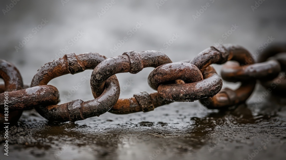 Obraz premium Close up of a rusted metal chain lying on damp earth