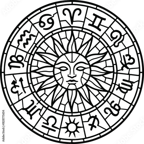 Celestial Zodiac Sun Wheel Mosaic illustration, Celestial Mosaic Clipart, Zodiac Round mosaic pattern, Astrology Sign Stained Glass art, circle Mosaic line art design