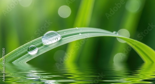 Macro Dewdrops On Green Grass Blade Over Water