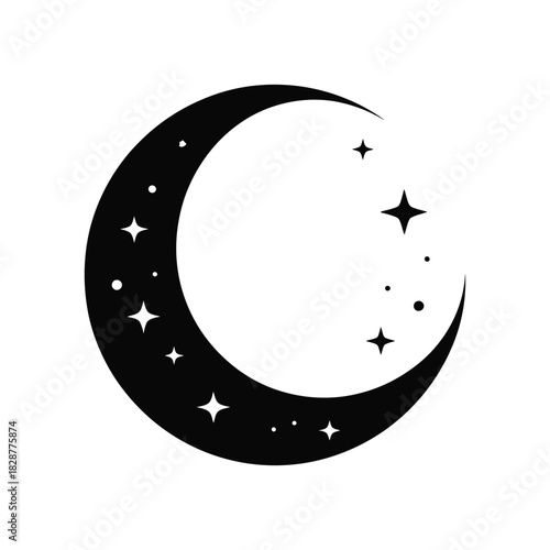 Crescent Moon and Sparkle Stars Silhouette - Night Sky, Celestial & Magic