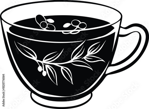 Aromatic Infusion: Detailed Silhouette Illustration of Tea Cup with Herbal Design