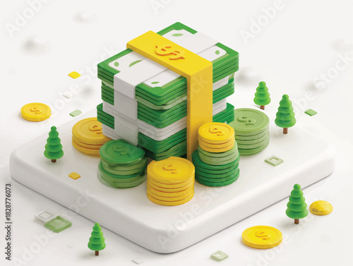 Stylized Isometric Illustration of Money with Trees and Coins Financial Growth