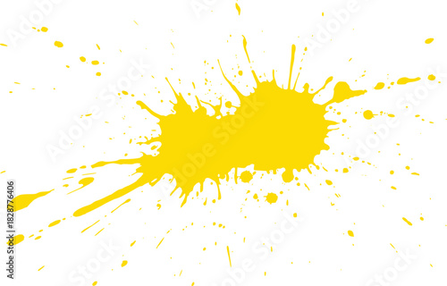 Vibrant Yellow Paint Splatter and Droplets on a White Background