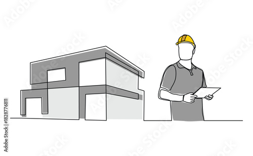 Continuous line sketch drawing of construction worker with blueprint paper and house home real estate. One line art of architect holding design paper of building vector illustration editable stroke