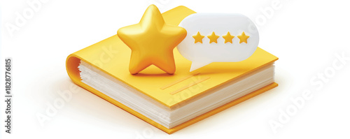 Yellow book with star and speech bubble rating illustration concept