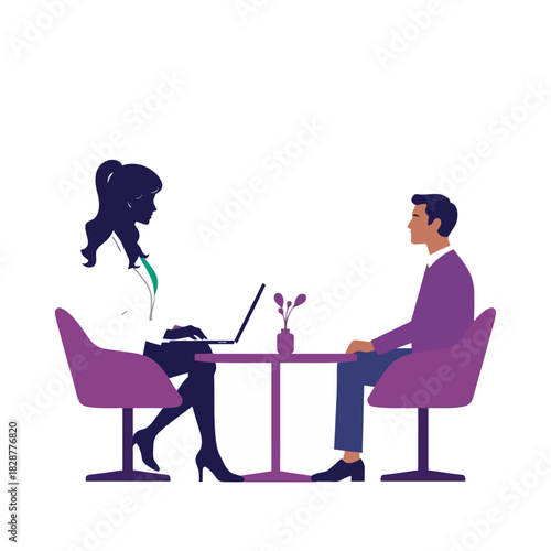 Two people, a man and a woman, sitting at a table with a laptop and a vase of flowers.