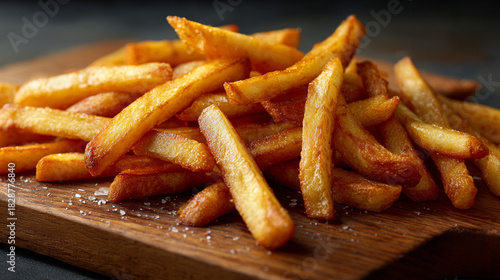 A close up shot of a pile of golden french fries on a wooden cutting board with salt sprinkled on top