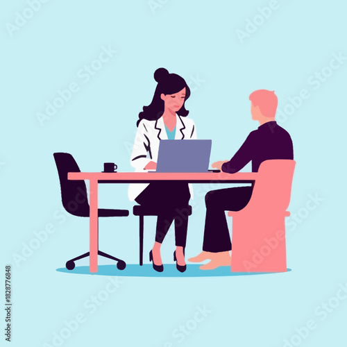 Woman interviewing a man at a desk with a laptop and coffee cup.