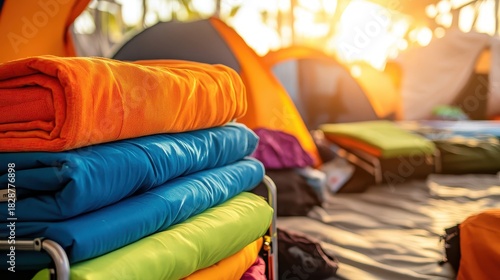 Colorful stacked sleeping bags and camping tents ready for outdoor adventure during sunset