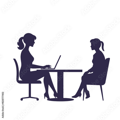 Silhouette of two women in a business meeting or job interview, one using a laptop.