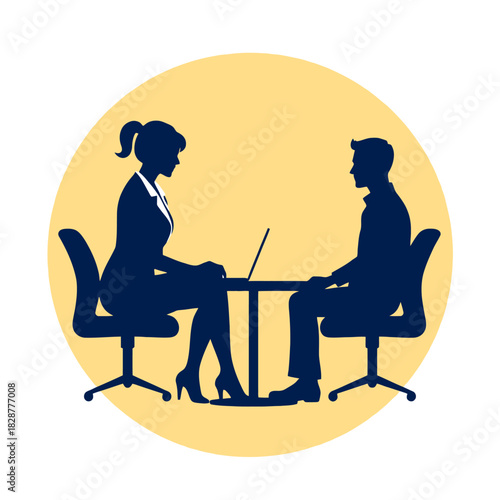 Two silhouetted professionals, a woman and a man, are seated across from each other at a table with a laptop, suggesting a business meeting or interview.