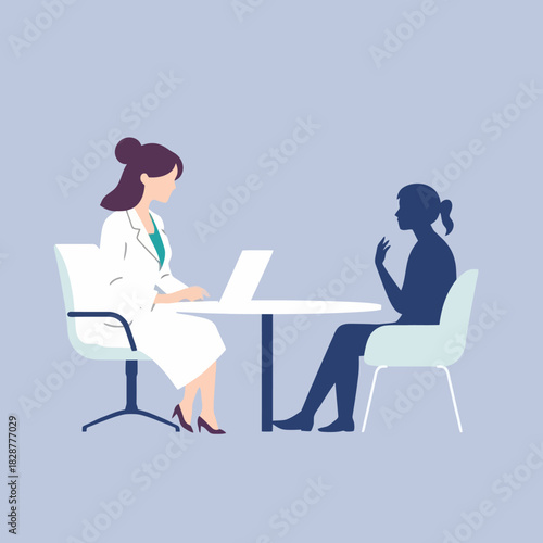 A female doctor in a white coat consults with a patient, depicted as a silhouette, during a medical appointment or therapy session.