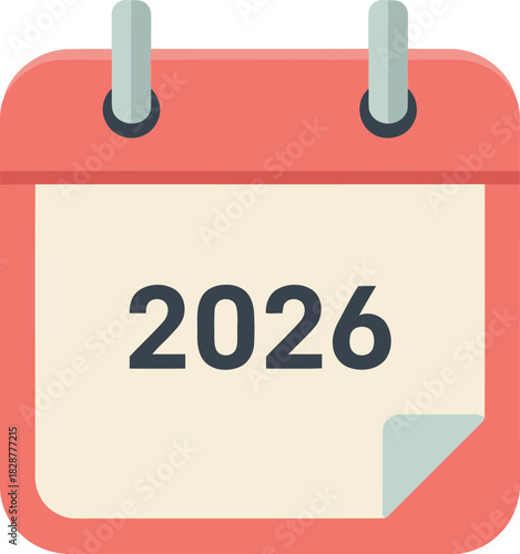 A flat design calendar icon displaying the year 2026 on a cream page with a red top.