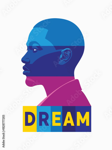 Vibrant graphic illustration of a man's profile with 'DREAM' text conveying aspiration