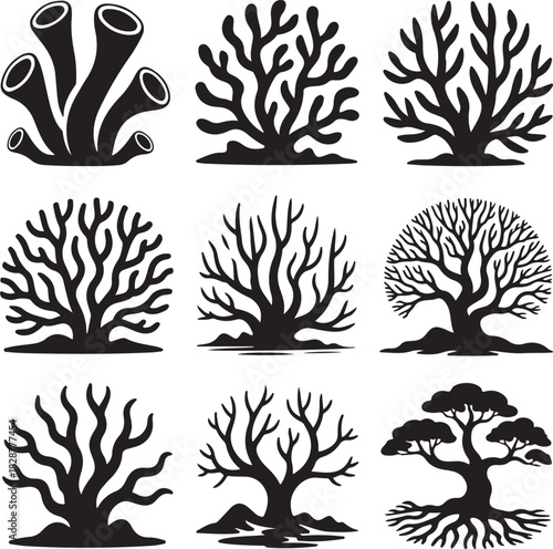 Black and White Coral Reef Plants and Tree Silhouettes Collection