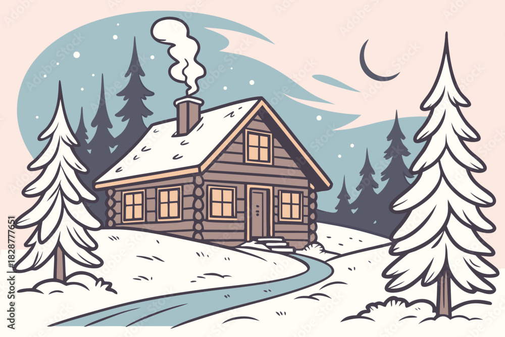 Fototapeta premium Cozy Winter House Scene Illustration3.eps