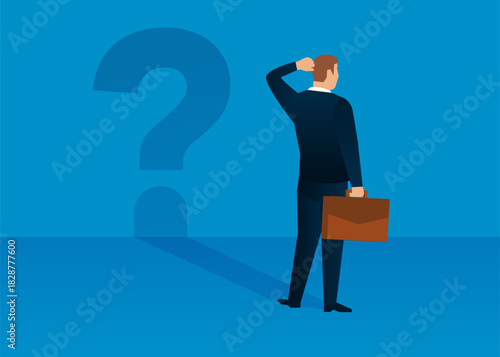 Businessman thinking while standing under a question mark stock illustration