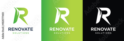 Renovate solutions r letter logo design with green leaf element, symbolizing growth, renewal, and sustainable environmental solutions for branding and corporate identity.