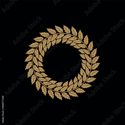 Golden laurel wreath on a black background, symbolizing victory, achievement, and honor with intricate leaf details.