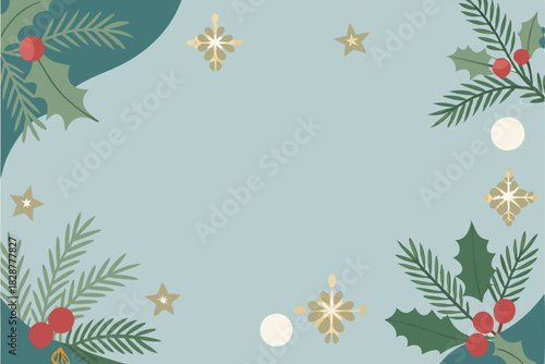 Festive christmas border with evergreen branches holly berries and sparkling snowflakes on a muted background