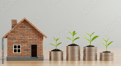 A brick house with growing plants on stacks of coins represents investment