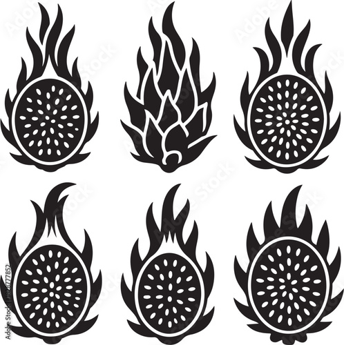 Black and white dragon fruit vector silhouette collection set design