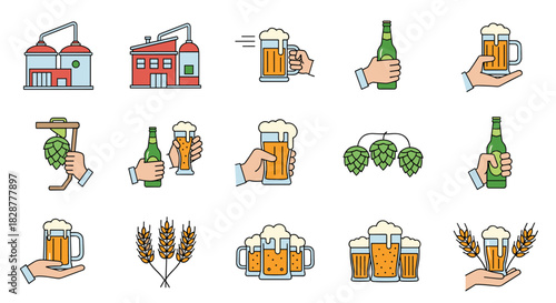 A set of colorful line icons representing the beer brewing process from the factory and ingredients to enjoying a cold mug.