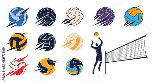 Dynamic collection of volleyball icons including various speeding balls a player spiking and a net for sports-related designs.