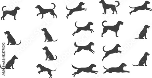 Large vector collection of dynamic dog silhouettes in various action poses, including standing, sitting, walking, and running, perfect for pet-related logos, patterns, and veterinary 