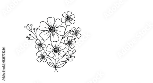 Elegant and simple line art illustration of a wildflower bouquet with delicate stems and leaves isolated on a white background.
