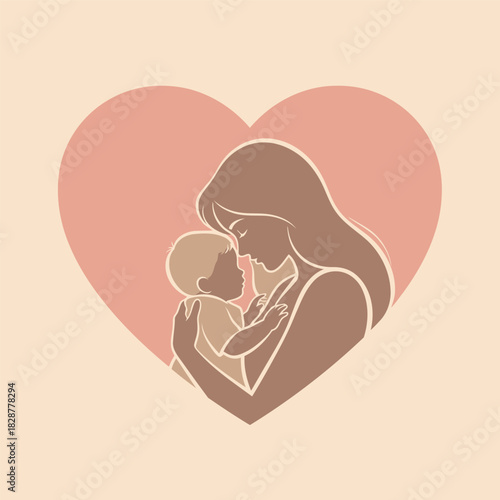 Children's Day, Mother's Day love, Stylized silhouette of a loving mother embracing her baby within a soft pink heart, symbolizing maternal love and family bond.