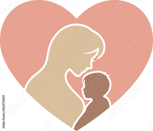 A silhouette of a loving mother embracing her baby, set within a soft pink heart, symbolizing maternal love and family bond.