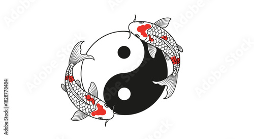 Two beautifully illustrated Japanese koi fish swimming around a black and white yin yang symbol representing balance and harmony.