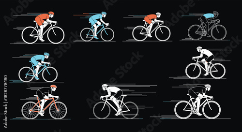 A collection of stylized cyclists racing at high speed with motion blur effects rendered in various colors on a black background.