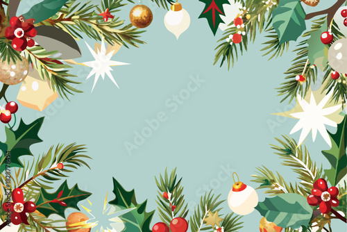 Festive christmas garland with pine branches holly berries and glowing lights forming a border