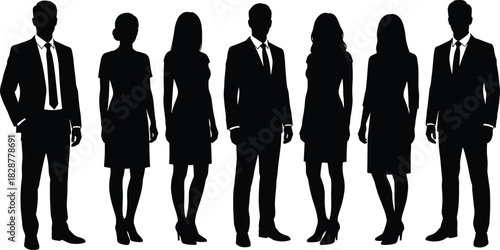 Business silhouettes, male and female, suit, dress, formal attire, posture, behavior, identity, corporate, team, diversity, black, minimal, abstract, people, standing, professional