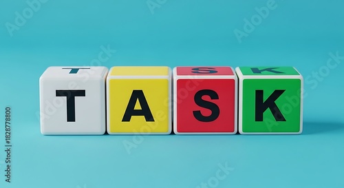 Four colorful wooden blocks spelling out the word task against a solid bright blue background