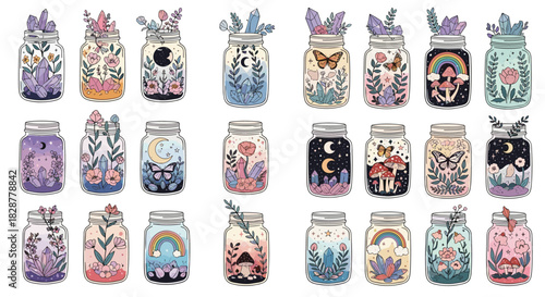 A whimsical collection of magical jars filled with crystals flowers celestial elements mushrooms and rainbows for sticker designs.