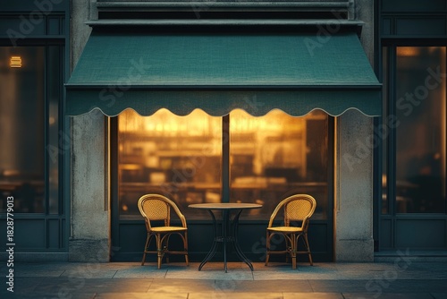 Fototapeta Naklejka Na Ścianę i Meble -  Cafe exterior: dark teal awning, warm interior light. Two rattan chairs, small table. Inviting European street scene for relaxation.