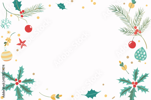 Festive christmas wreath with pine branches holly berries and ornaments on white background