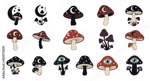 Mystical collection of celestial mushrooms decorated with moons stars and all-seeing eyes in a magical bohemian art style.