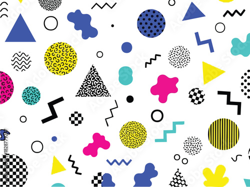 Memphis Design Pattern with Colorful Geometric Shapes on White Background