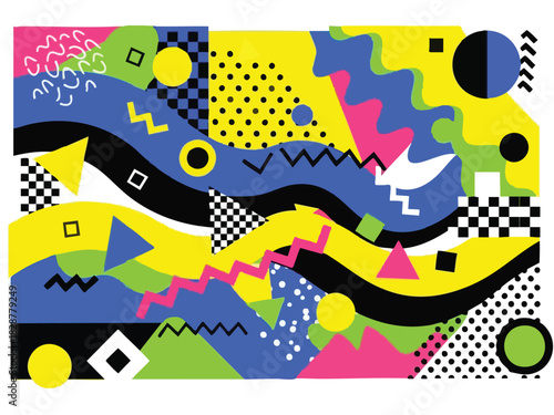 Vibrant Memphis Style Graphic Design with Geometric Shapes and Bold Colors