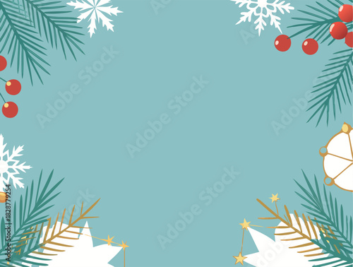Festive christmas border with evergreen branches snowflakes holly berries and ornaments on a blue background