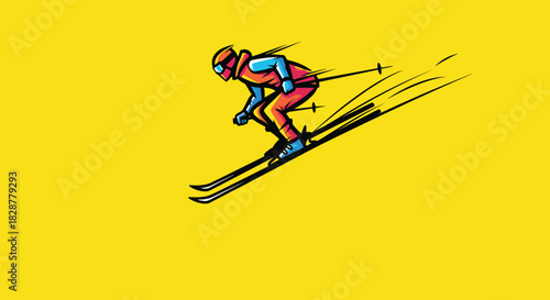 A colorful and dynamic sketch of a downhill skier racing with motion lines creating a sense of speed on a yellow background.